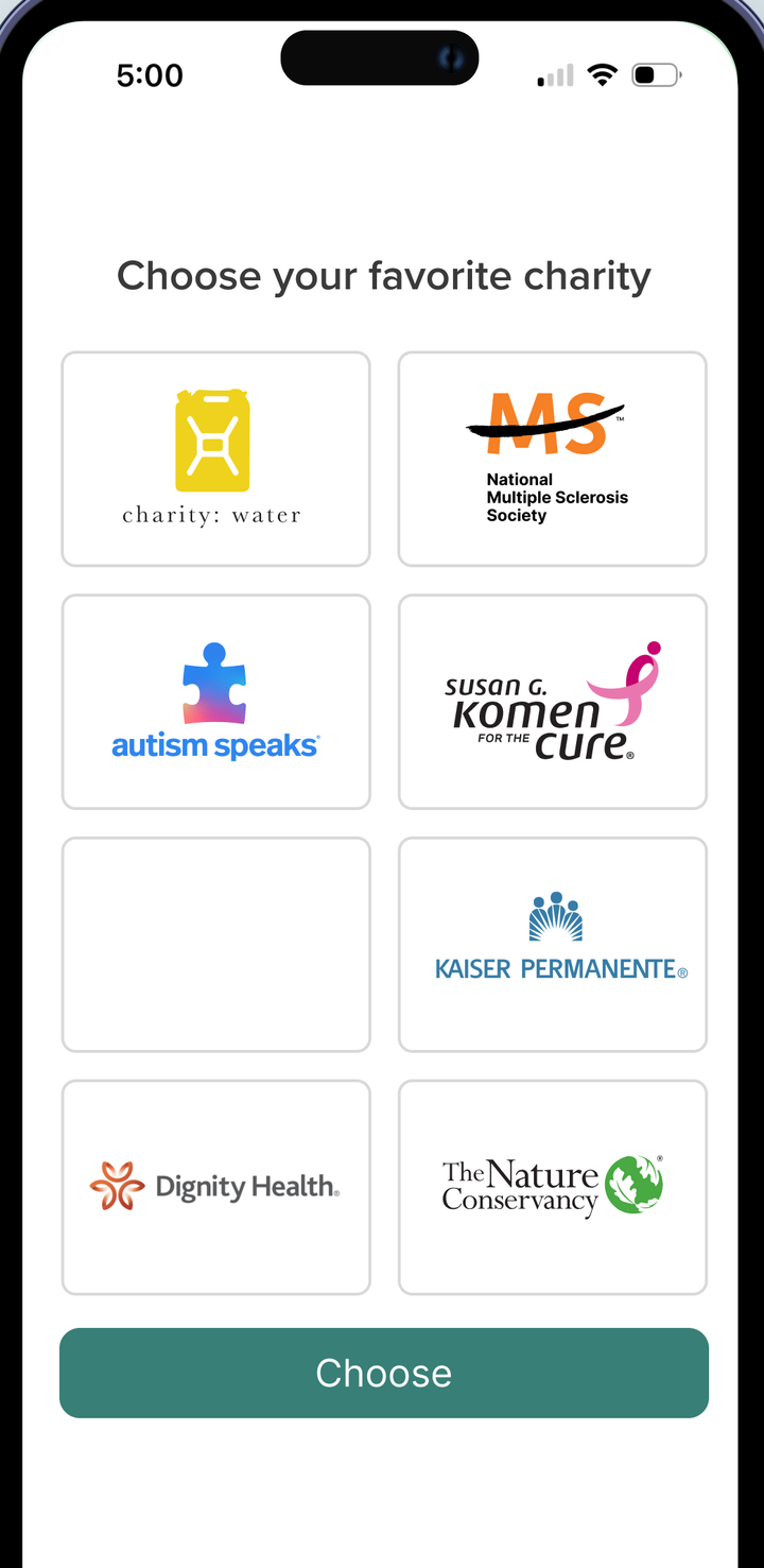 Give Freely iOS app on the Choose your favorite charity screen: a grid of charity logos above a Choose button
