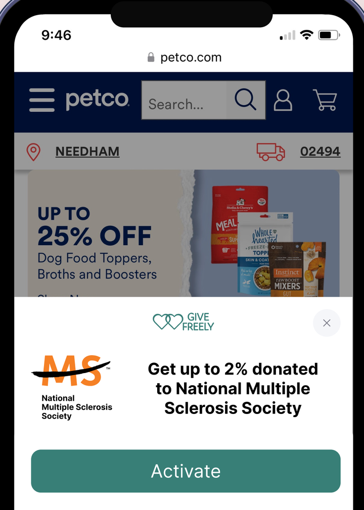 Give Freely iOS app on petco.com: a sheet reading Get up to 2% donated to National Multiple Sclerosis Society above an Activate button