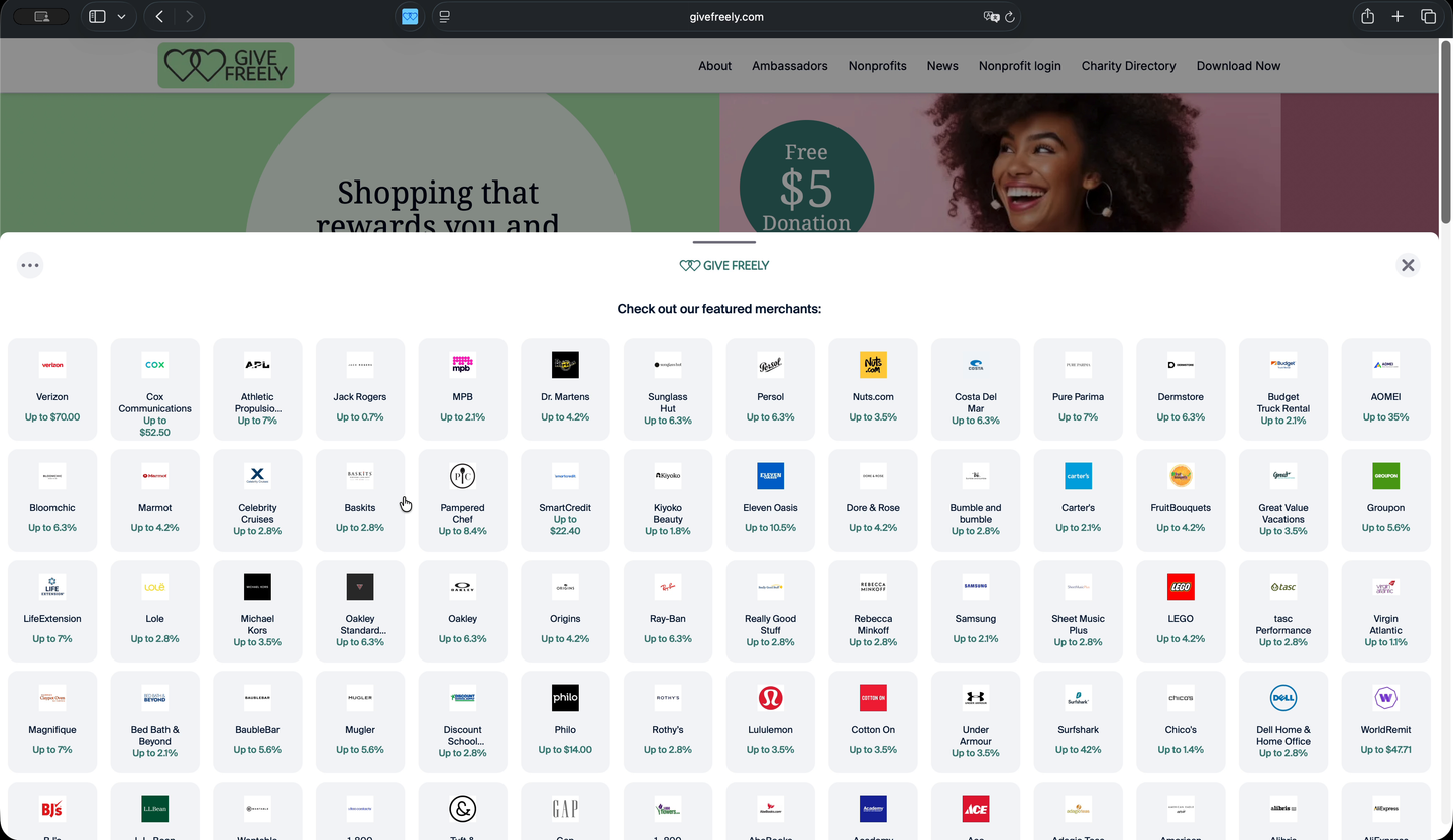 Give Freely Safari extension popup open on givefreely.com, showing a grid of featured merchants